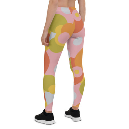 grrovy 60s style leggings for women in soft pastel tones of pink, orange, lime green. Circular geometric patterned meggs for women.