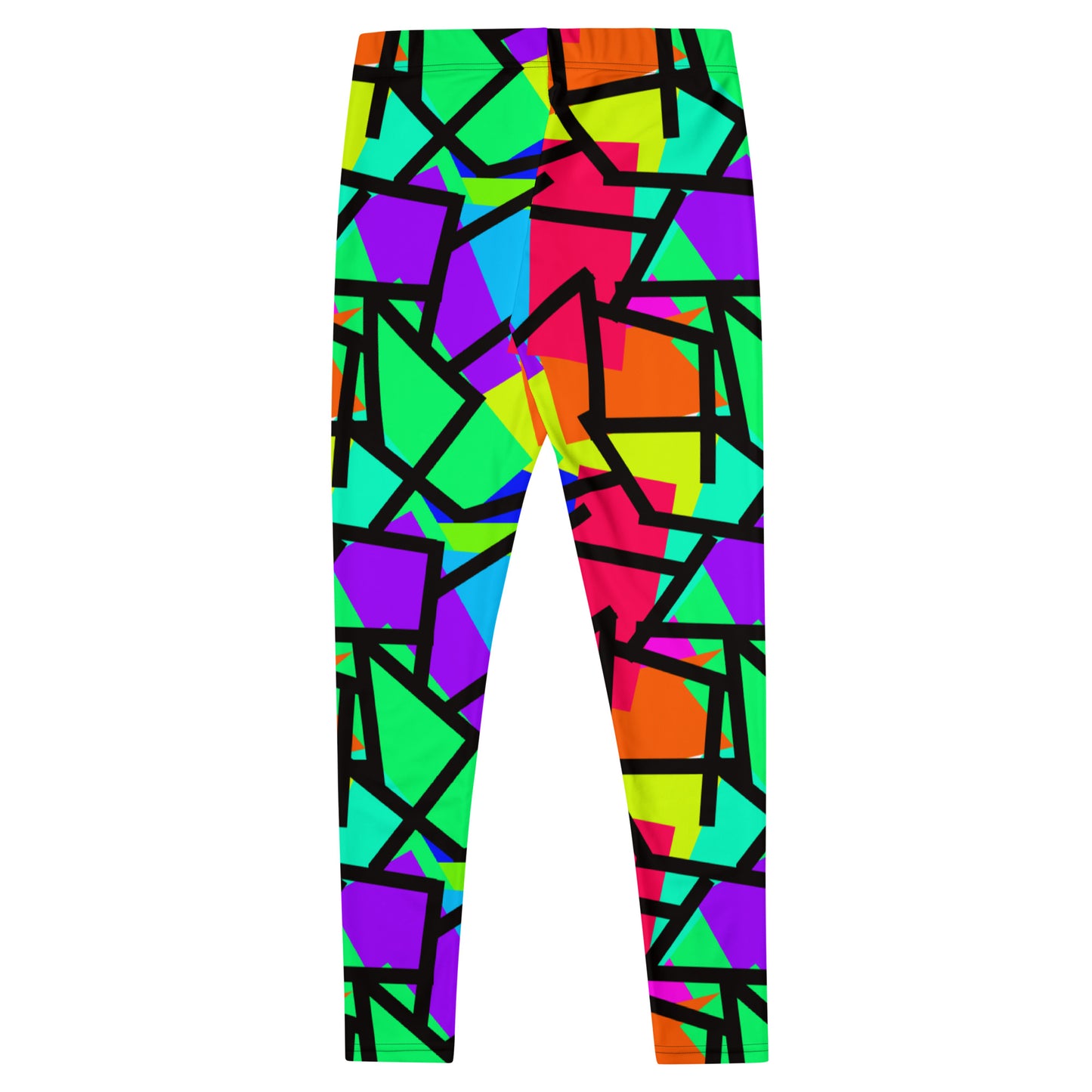 Harajuku Yume Kawaii fashion meggings or womens leggings in brightly coloured Pop Kei 80s Memphis design in red, orange, green, purple, yellow and turquoise geometric shapes and a black zigzag overlay on these neon funky running tights for women.