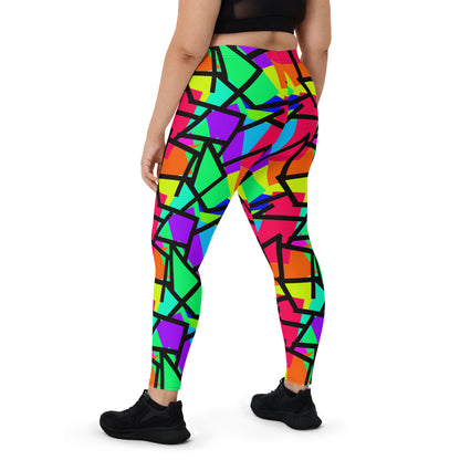 Harajuku Yume Kawaii fashion meggings or womens leggings in brightly coloured Pop Kei 80s Memphis design in red, orange, green, purple, yellow and turquoise geometric shapes and a black zigzag overlay on these neon funky running tights for women.