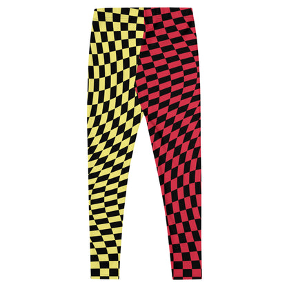 Womens Leggings Harlequin Checked Meggings 80s Wrestling Style Meggs Party Clubbing Costume Yoga Pilates Sports Leggings Halloween Ideas. Red, yellow, black leggings in houndstooth all-over pattern, Glitch design. Glitchcore fashion.