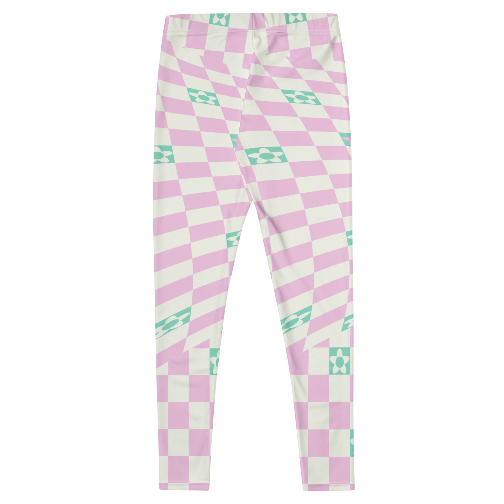 Danish pastel style leggings with a glitchcore aesthetic. Cream and pink warped geometric and abstract floral design with a mid-century modern vibe. Retro 50s style leggings from a 21st century take.