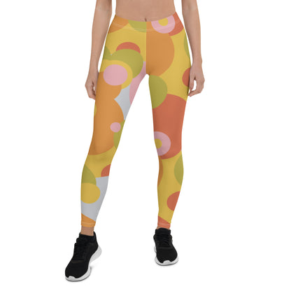 grrovy 60s style leggings for women in soft pastel tones of pink, orange, lime green. Circular geometric patterned meggs for women.