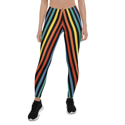 Festival Womens Leggings, Stripy Wrestling Style Performance Tights, Fashion Meggs, Rainbowcore Striped Pants, Rave Gear Clubbing Outfit. Rainbowcore stripy LGBT Gay Pride leggings. Retro style vertical stripes in stretchy compression fabric.