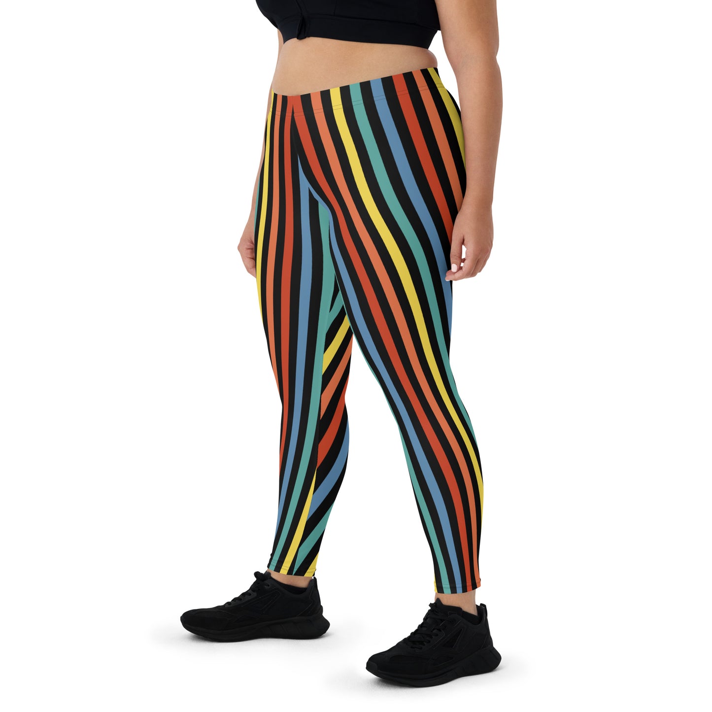 Festival Womens Leggings, Stripy Wrestling Style Performance Tights, Fashion Meggs, Rainbowcore Striped Pants, Rave Gear Clubbing Outfit. Rainbowcore stripy LGBT Gay Pride leggings. Retro style vertical stripes in stretchy compression fabric.