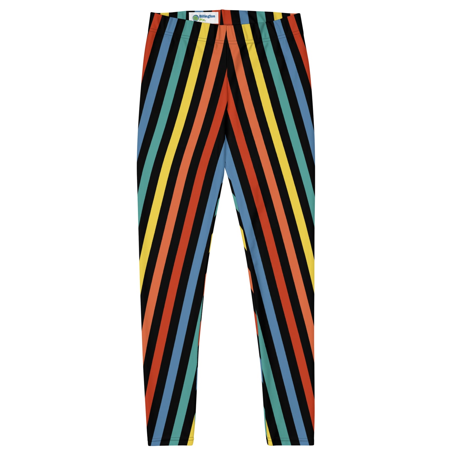 Festival Womens Leggings, Stripy Wrestling Style Performance Tights, Fashion Meggs, Rainbowcore Striped Pants, Rave Gear Clubbing Outfit. Rainbowcore stripy LGBT Gay Pride leggings. Retro style vertical stripes in stretchy compression fabric.