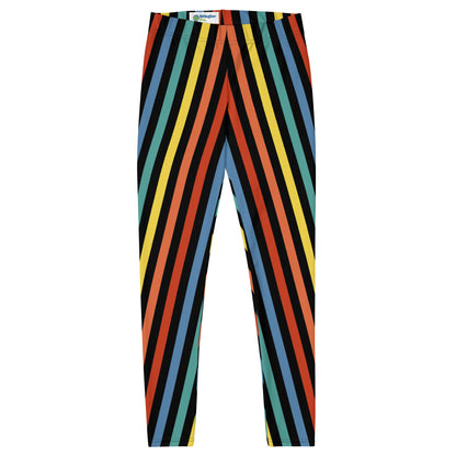 Festival Womens Leggings, Stripy Wrestling Style Performance Tights, Fashion Meggs, Rainbowcore Striped Pants, Rave Gear Clubbing Outfit. Rainbowcore stripy LGBT Gay Pride leggings. Retro style vertical stripes in stretchy compression fabric.