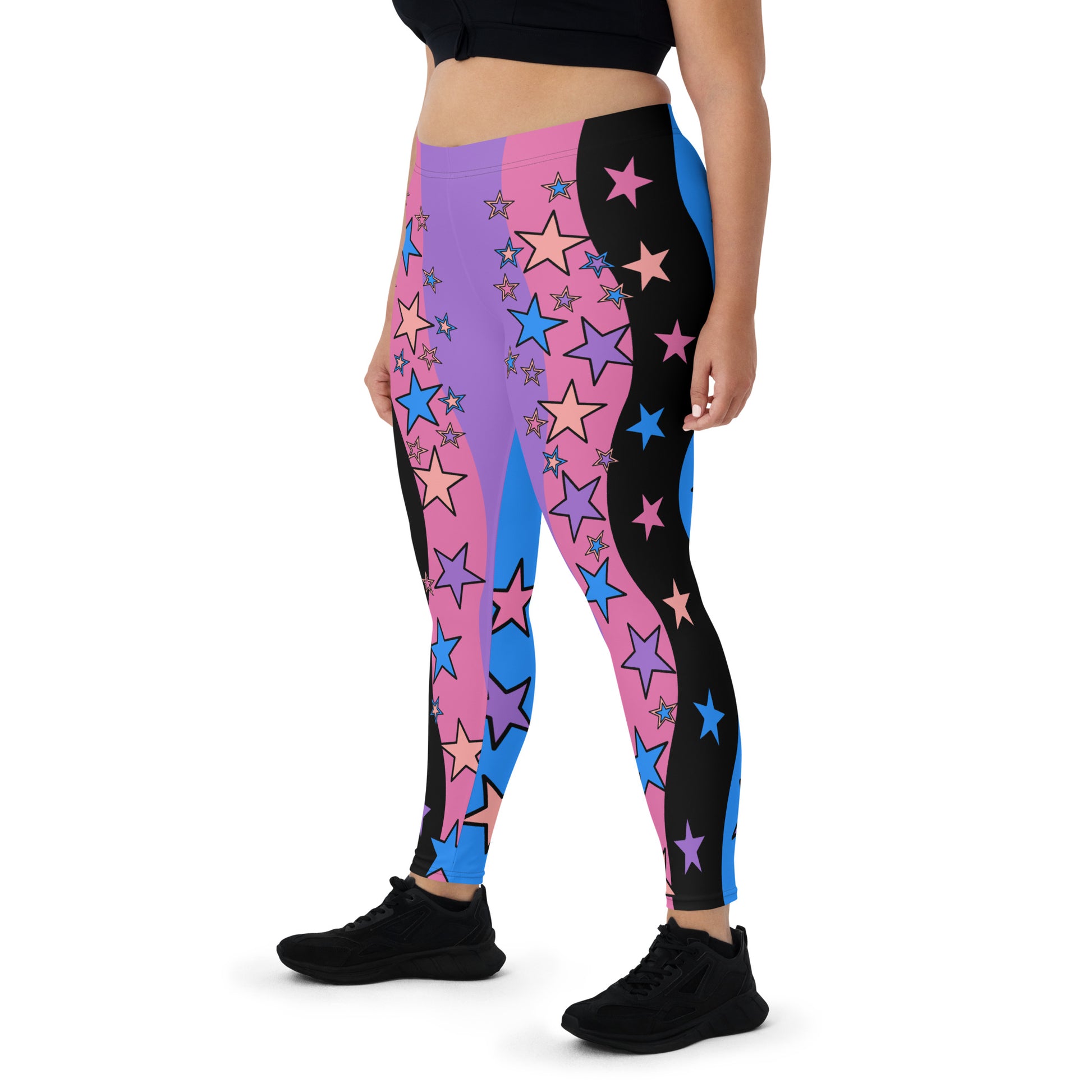 Womens Color Block Leggings, Spandex Long Tights, Pastel Wrestling Style Zigzag Patterned Meggings, Festival Rave Gear, EDC Clubbing Outfit, pilates, gym, fashion leggings. Pink, black, blue with stars, geometric shapes. Pastel punk, yami kawaii.