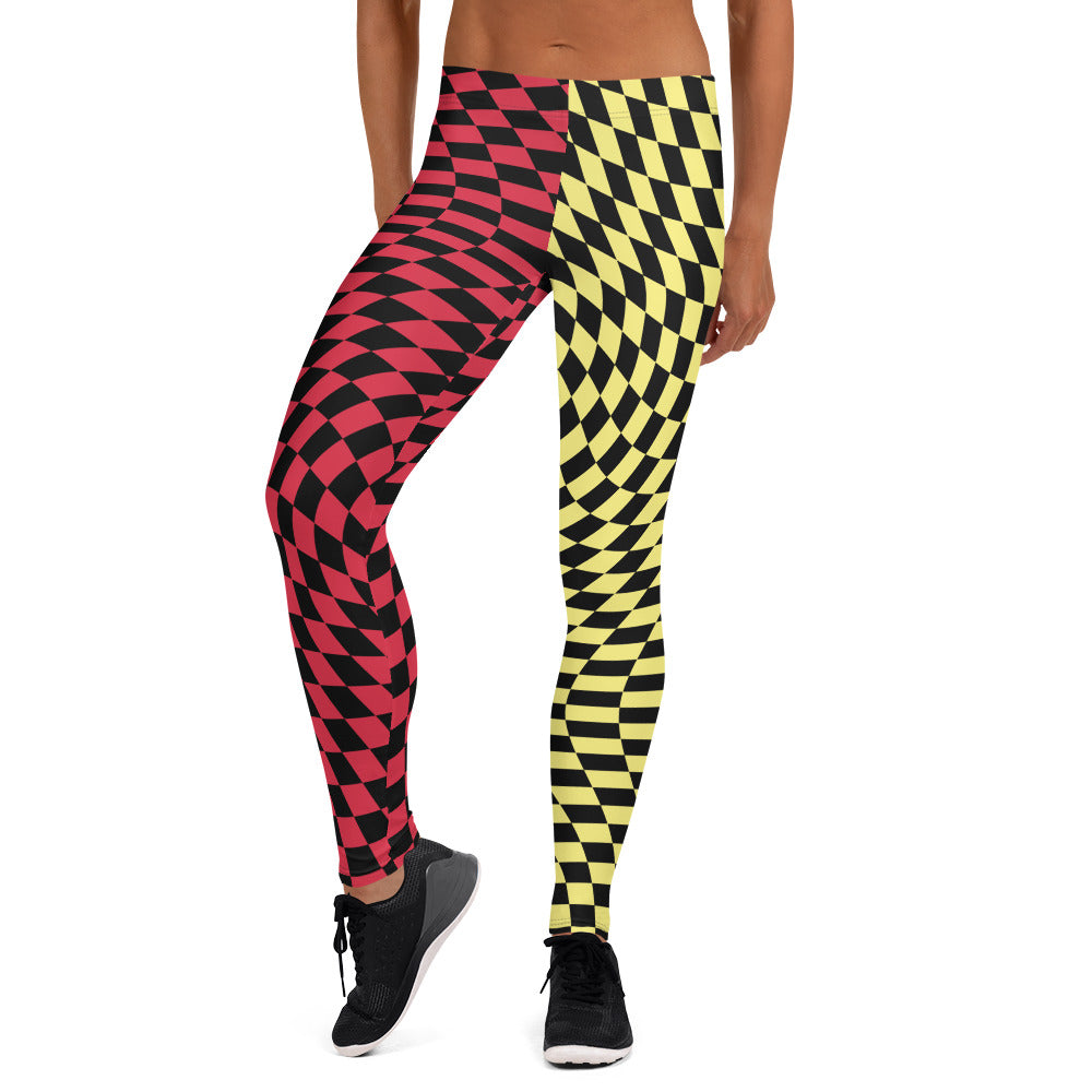 Womens Leggings Harlequin Checked Meggings 80s Wrestling Style Meggs Party Clubbing Costume Yoga Pilates Sports Leggings Halloween Ideas. Red, yellow, black leggings in houndstooth all-over pattern, Glitch design. Glitchcore fashion.