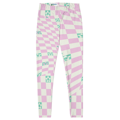 Danish pastel style leggings with a glitchcore aesthetic. Cream and pink warped geometric and abstract floral design with a mid-century modern vibe. Retro 50s style leggings from a 21st century take.