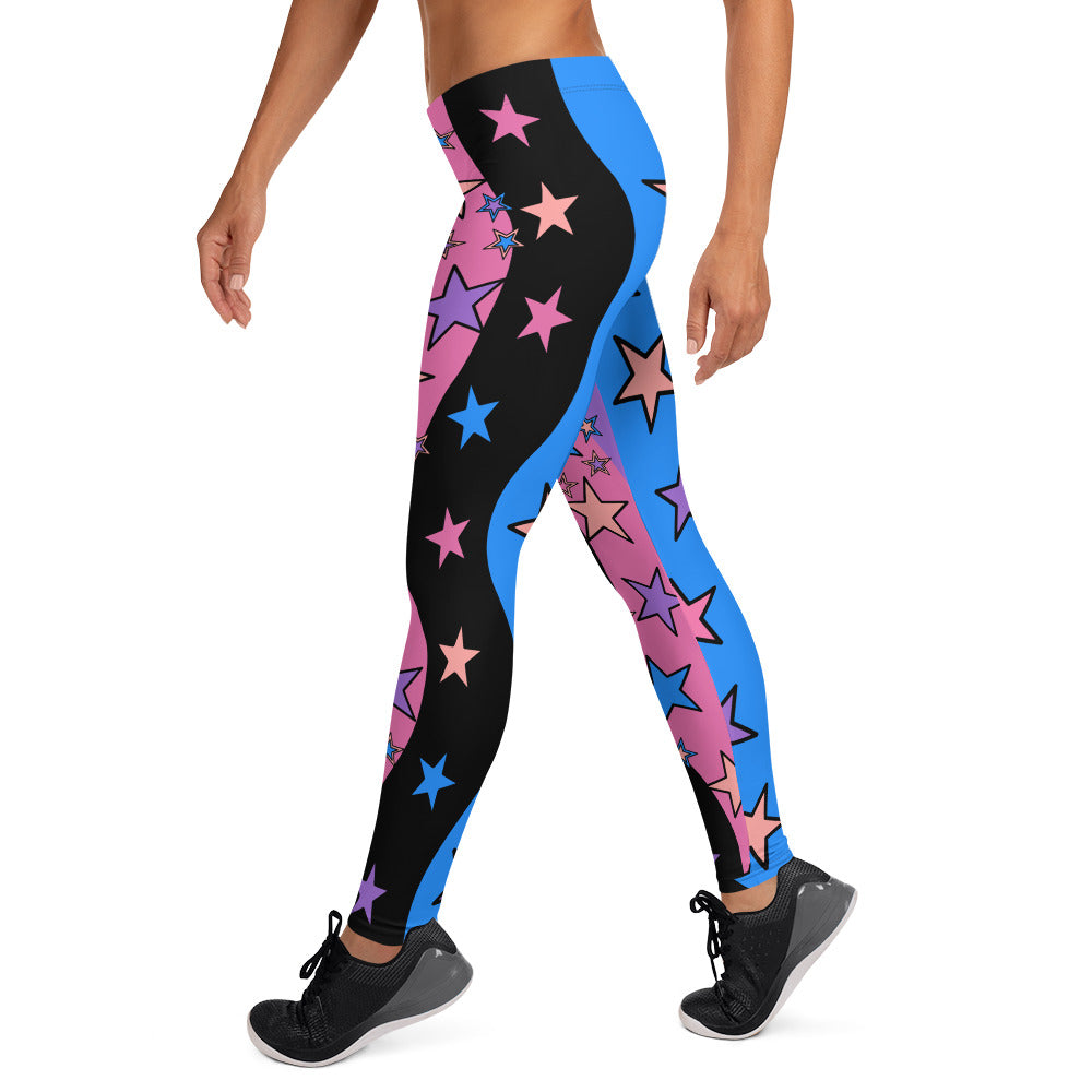 Womens Color Block Leggings, Spandex Long Tights, Pastel Wrestling Style Zigzag Patterned Meggings, Festival Rave Gear, EDC Clubbing Outfit, pilates, gym, fashion leggings. Pink, black, blue with stars, geometric shapes. Pastel punk, yami kawaii.