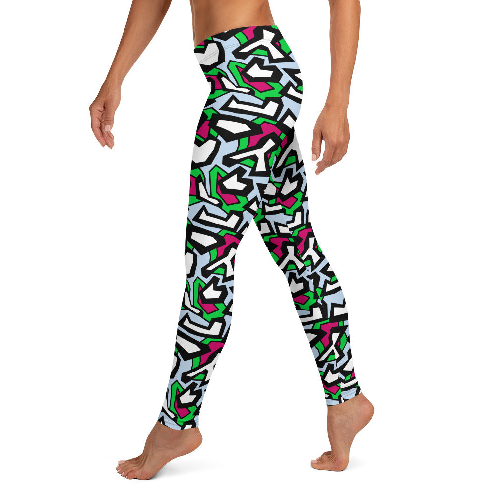 Leggings Memphis Design, Harajuku Fashion, Womens Festival Meggings, Pro Wrestling Tights, Jiu Jitsu Leggings, Urban Fashion Workout Pants. Blue, white, red, green, black geometric camou patterned gym tights for women.