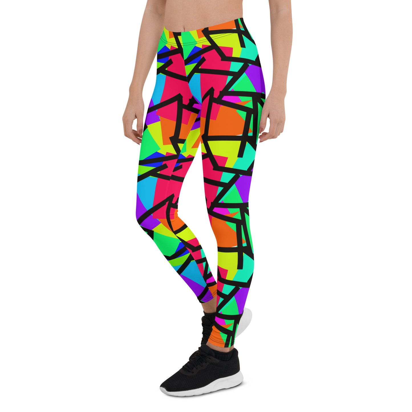 Harajuku Yume Kawaii fashion meggings or womens leggings in brightly coloured Pop Kei 80s Memphis design in red, orange, green, purple, yellow and turquoise geometric shapes and a black zigzag overlay on these neon funky running tights for women.