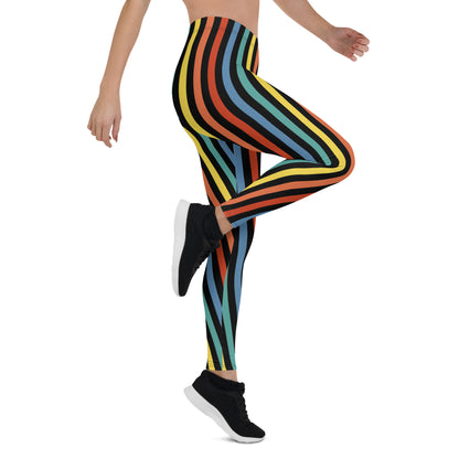 Festival Womens Leggings, Stripy Wrestling Style Performance Tights, Fashion Meggs, Rainbowcore Striped Pants, Rave Gear Clubbing Outfit. Rainbowcore stripy LGBT Gay Pride leggings. Retro style vertical stripes in stretchy compression fabric.