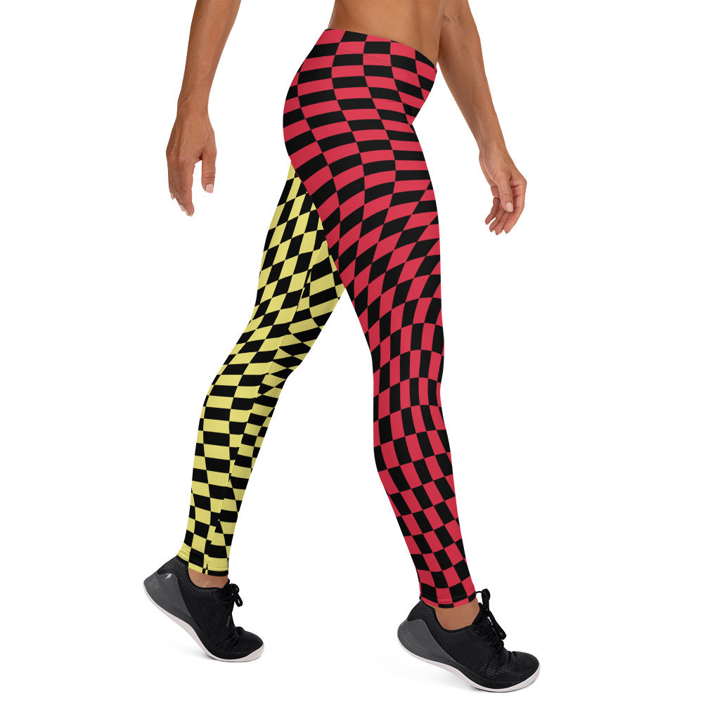 Womens Leggings Harlequin Checked Meggings 80s Wrestling Style Meggs Party Clubbing Costume Yoga Pilates Sports Leggings Halloween Ideas. Red, yellow, black leggings in houndstooth all-over pattern, Glitch design. Glitchcore fashion.