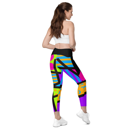 Harajuku Leggings with Pockets | Colorful Geometric Print Running Tights | Patterned Festival Meggings | Clubbing Outfit | Athleisure Meggs