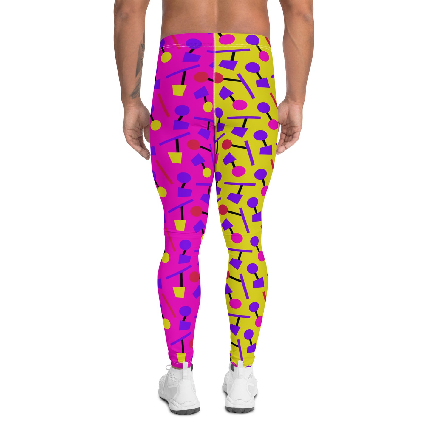 Mens leggings in alternate pink and yellow geometric 80s Memphis style all-over pattern. Red crotch. Fun party leggings with mid-waist and ankle length. Soft and stretchy spandex meggings for activewear, sporting activities, dance, gym, yoga, pilates