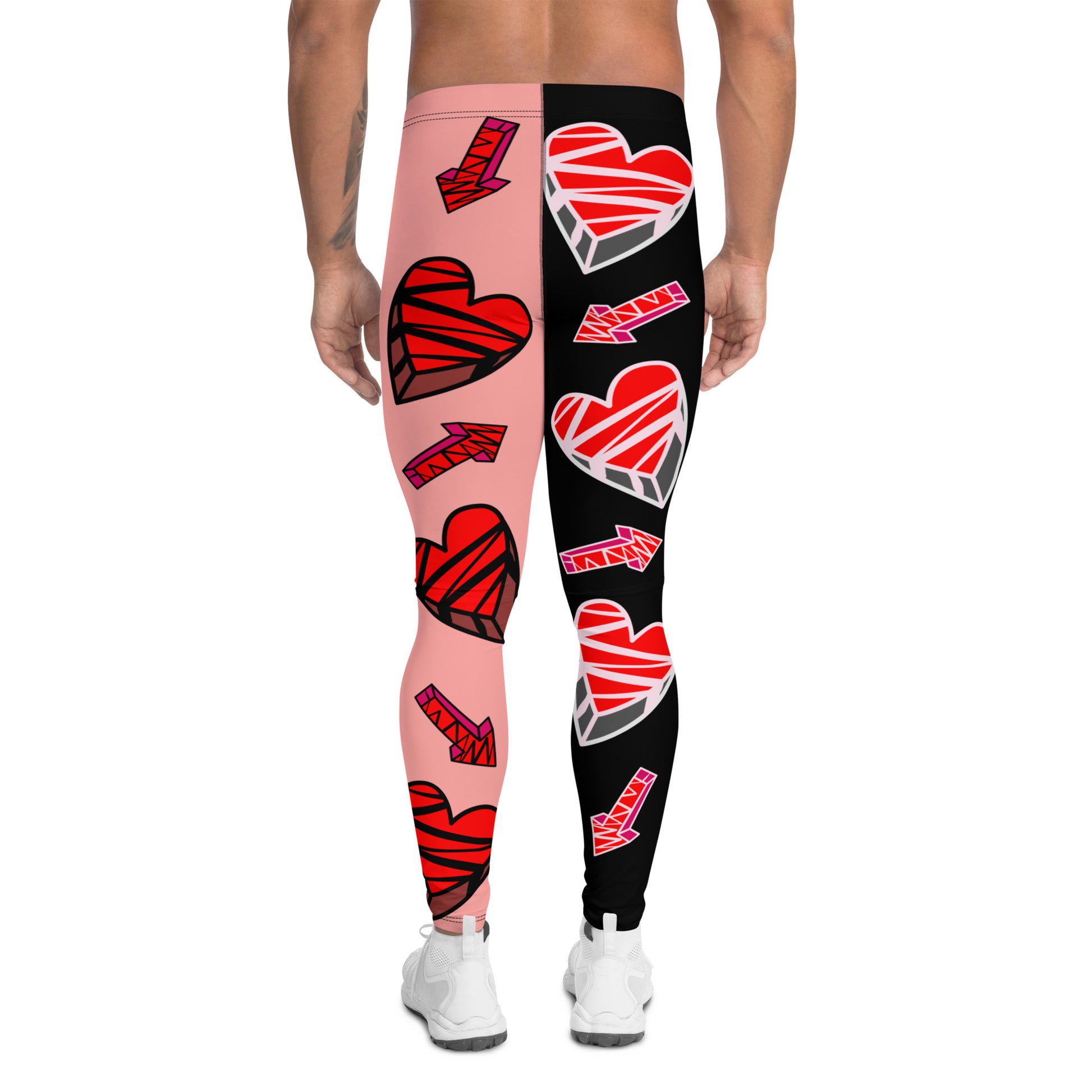 Mens Leggings Wrestling Gear Meggings for Guys, Retro Hearts Gym Meggs, Vibrant Alternative Clothing for Men, Halloween Dance Tights. Broken hearts, anime funny wrestler weightlifter leggings for men in black red white orange.