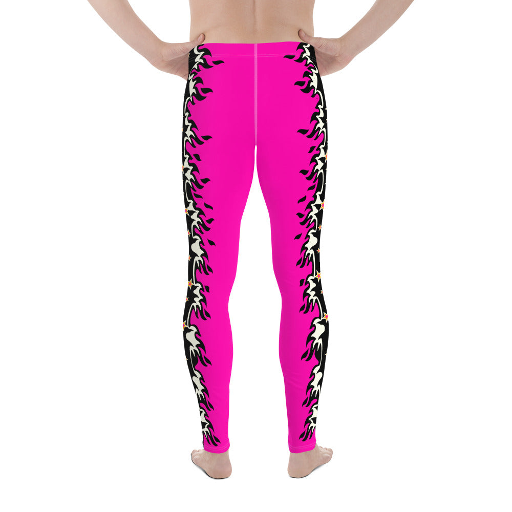 pink pro wrestling tights for men in pink and black with fire down each side. Fun fashion meggings for guys who enjoy WWE cosplay. or festival gear like Burning Man.