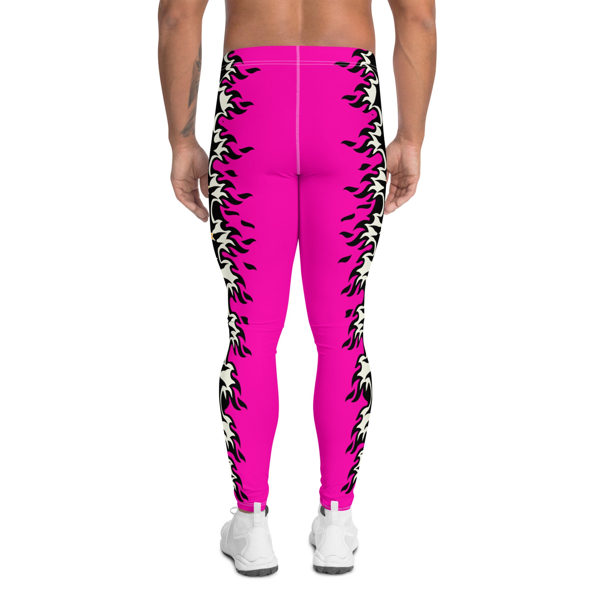 pink pro wrestling tights for men in pink and black with fire down each side. Fun fashion meggings for guys who enjoy WWE cosplay. or festival gear like Burning Man.