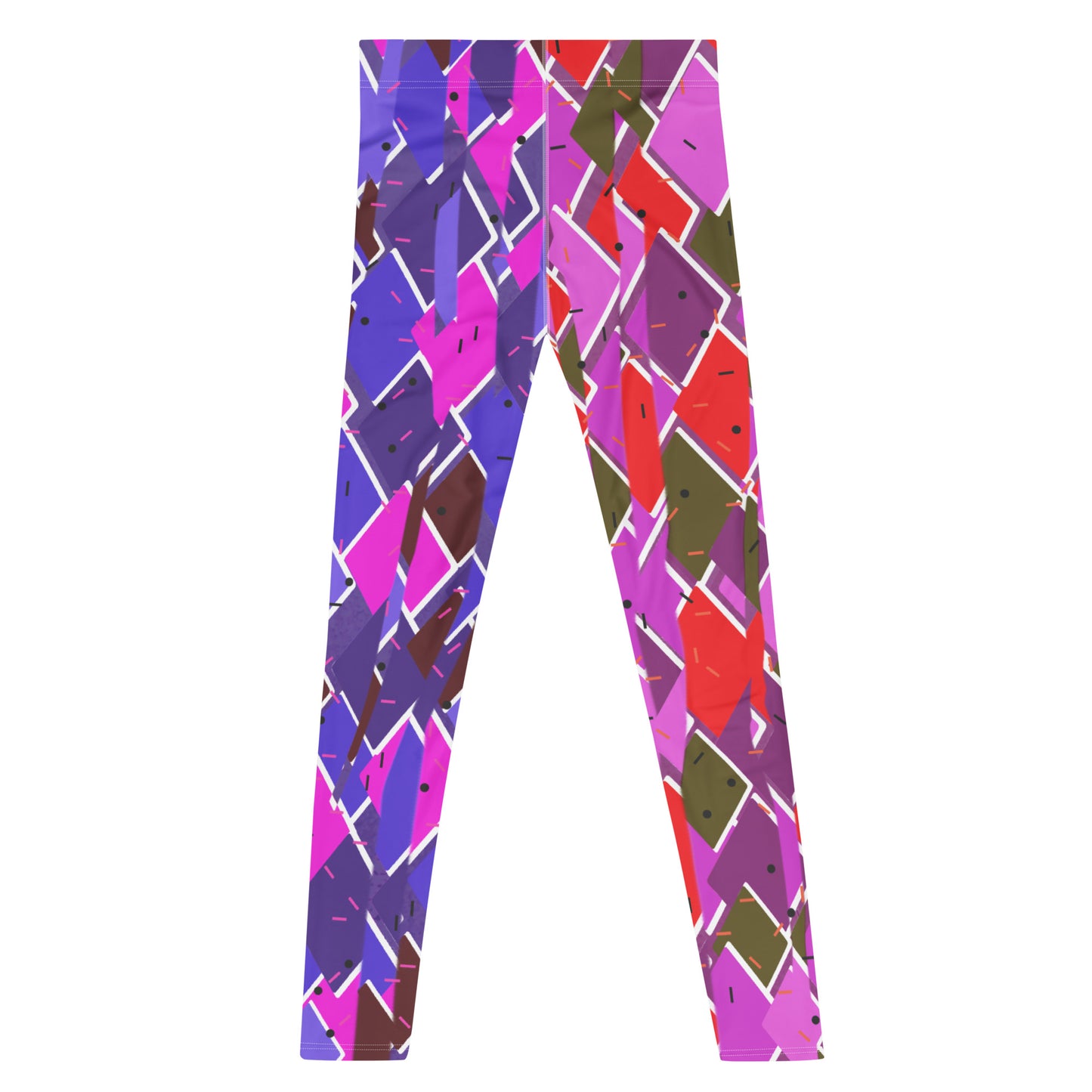 Mens Leggings Retro Harlequin Pro Wrestling Tights, glitchcore Fractal Geometric Patterned Festival Meggings, Dance Pants, Rave Gear, Clubbing Outfit. Purple, red, blue, white fractal kitsch meggings guys in diamond shapes. Retro pro wrestling gear