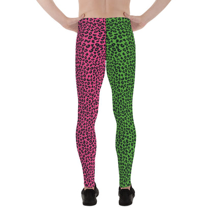 Wrestling Tights Green Leopard Skin, Mens Leggings, Performance Pants, Yoga Leggings Gym, Mens Rave Outfit, Mens Festival Meggings. Pink and green pro wrestling tights  for guys in spandex. Kitsch alt fashion, weirdcore jfashion retro 80s style pants