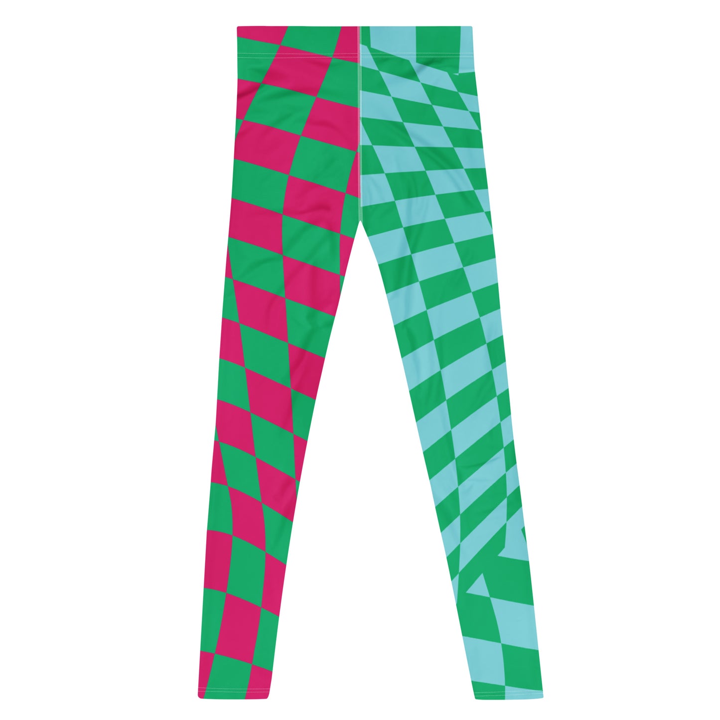 Mens Leggings Glitchcore Harlequin, Pro Wrestling Tights, Guys Running Tights, Dancewear, Festival Pants, Fashion Meggings, Gym Gear. Pink, blue and green fashion meggs for gym, pilates, yoga and festivals.