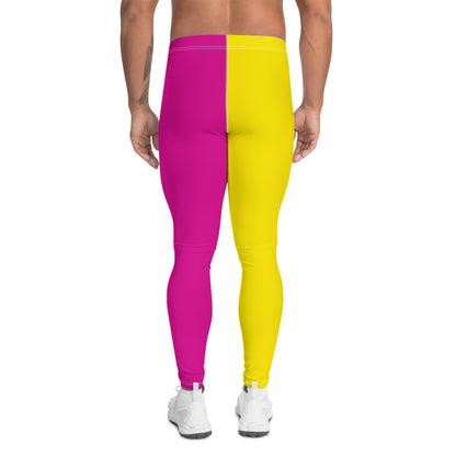 Mens Leggings, Yellow and Pink Monstera Print Leggings, Pro Wrestling Tights, Funky Fashion Leggings, Yoga Pants, Gym Outfit, Camp Rave Gear in pink and yellow with rainbowcore monstera leaves