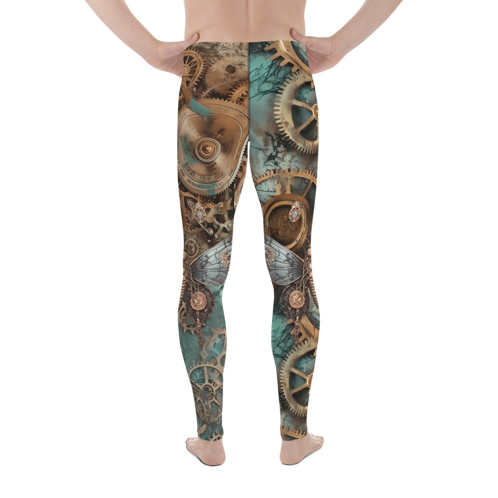 Steampunk leggings for men with horology design. Watch fans fashion in brown and blue. Retro festival fashion meggings.