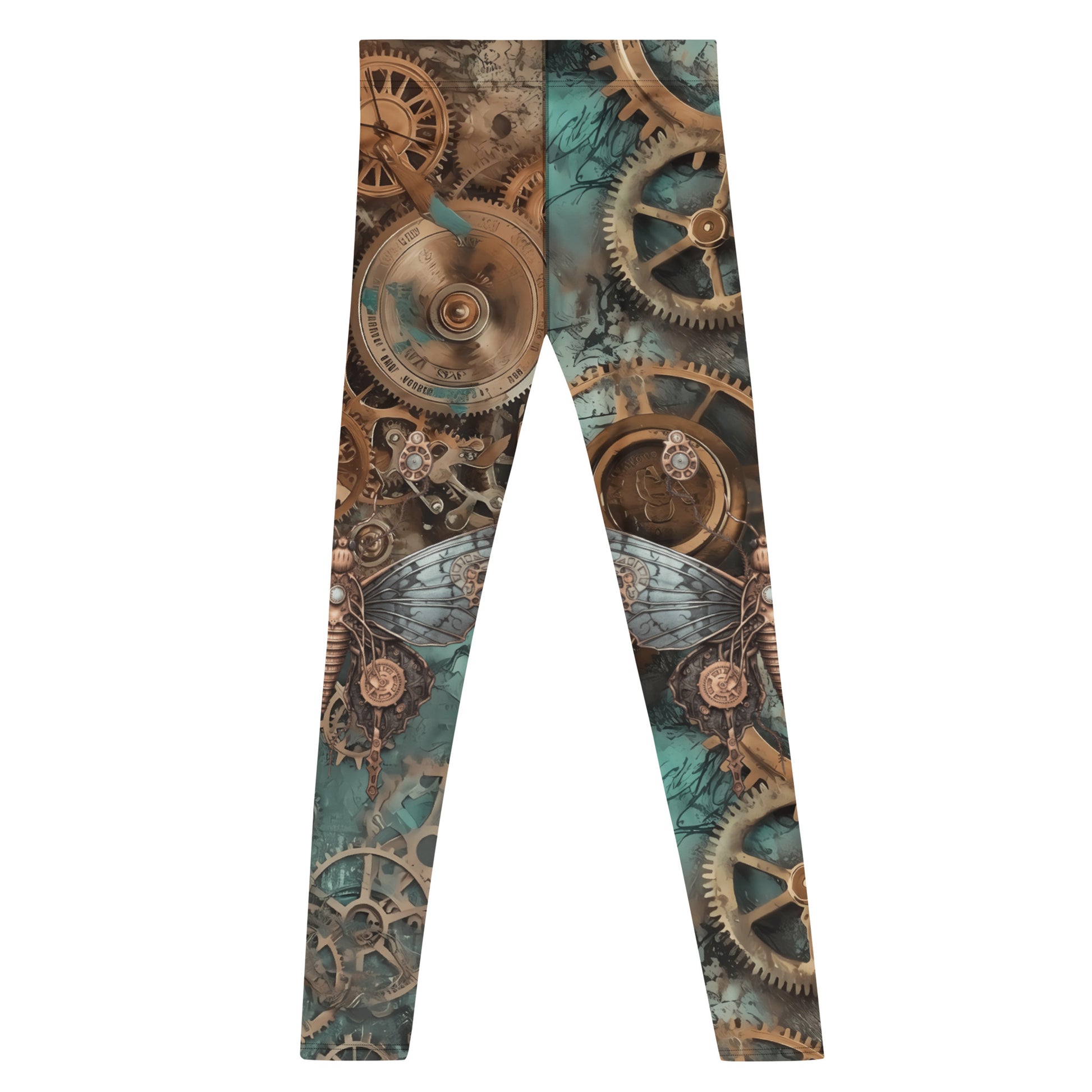 Steampunk leggings for men with horology design. Watch fans fashion in brown and blue. Retro festival fashion meggings.