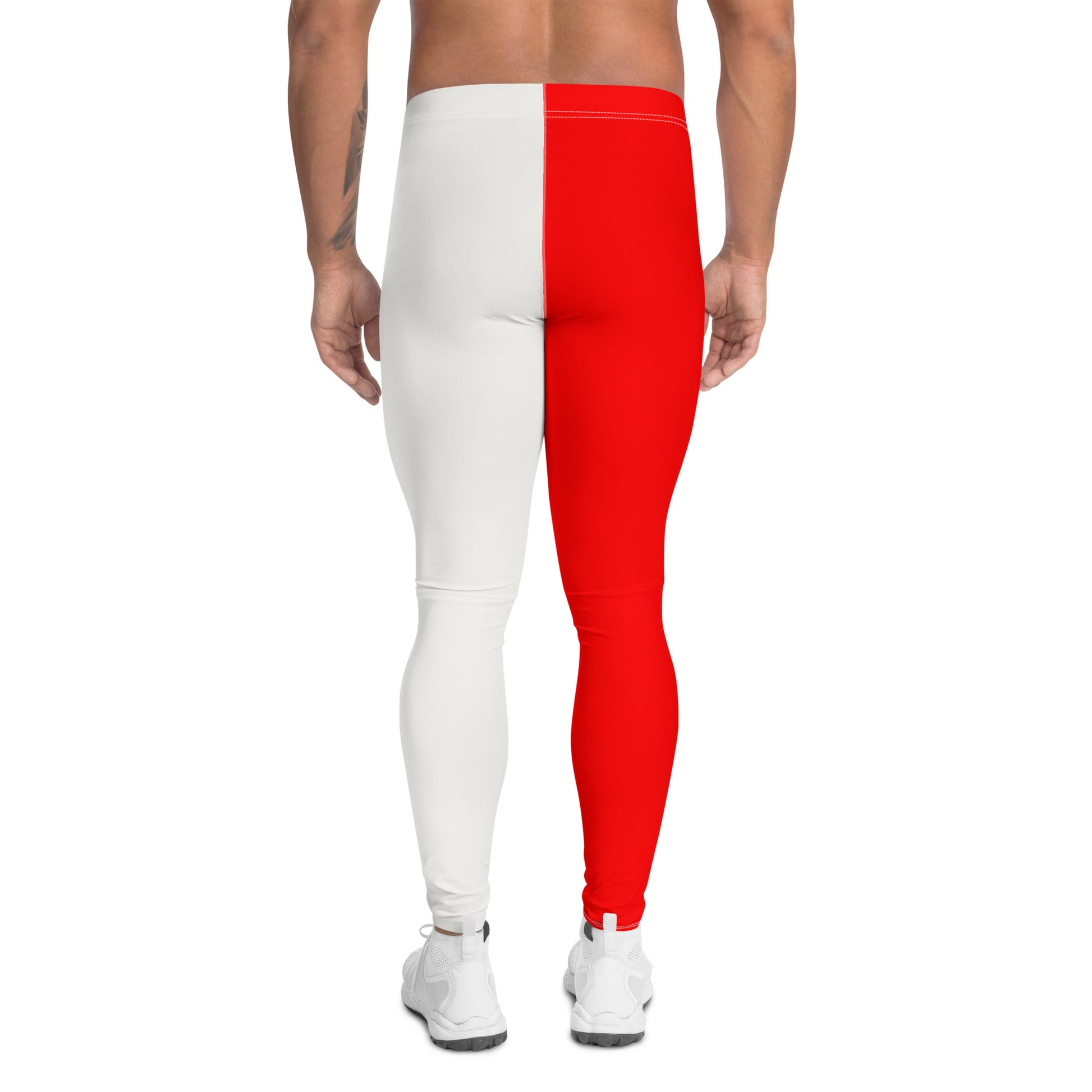 Mens leggings, funky pro-wrestling tights with toy pistols in orange and white. Ankle length fashion meggings for rave parties, festivals, Halloween cosplay, streetwear.