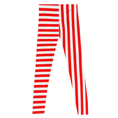 Red and white striped retro pro wrestling tights for men. 80s Memphis style leggings for guys with alternating insets pattern. Fashion meggings and party outfit.