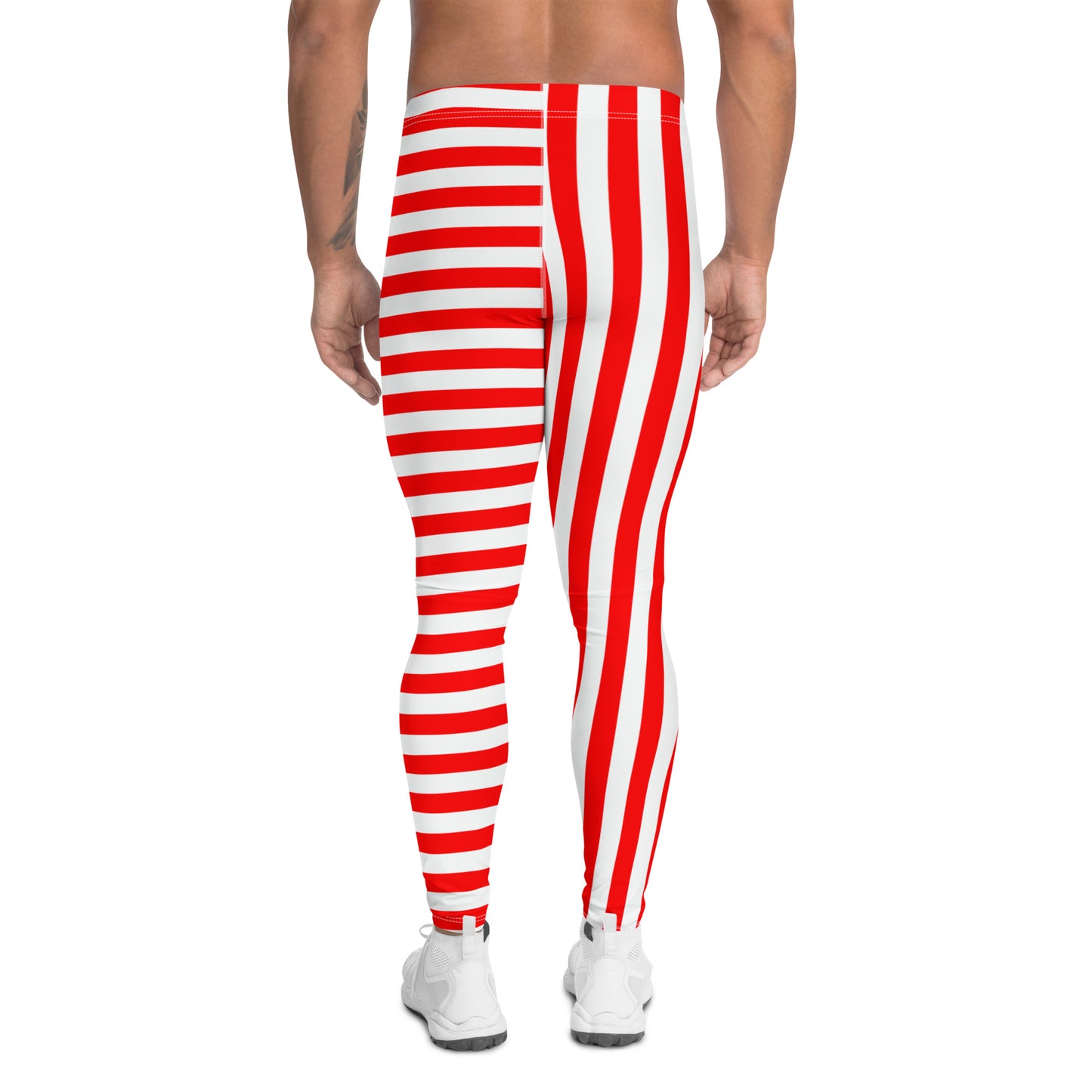 Red and white striped retro pro wrestling tights for men. 80s Memphis style leggings for guys with alternating insets pattern. Fashion meggings and party outfit.