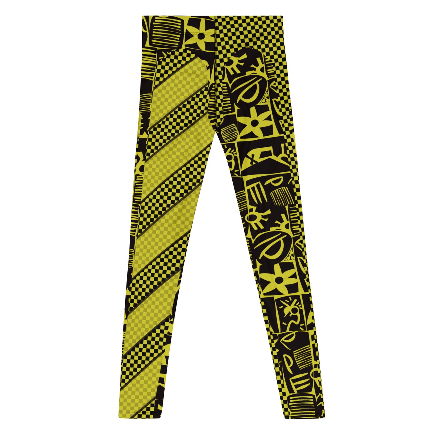 Black and yellow geometric design leggings for men in retro 80s style. Pro wrestling tights for guys in fun stripy design. Rave gear and fashion meggings for guys.