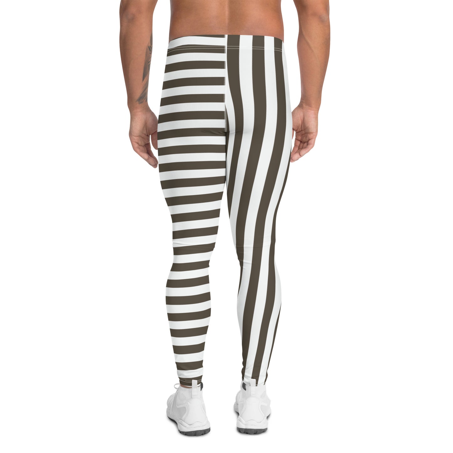 Retro style gray / brown and white striped pro wrestling tights for men. Great as BJJ spats. 80s Memphis style leggings for guys with alternating insets pattern. Fashion meggings and party outfit.