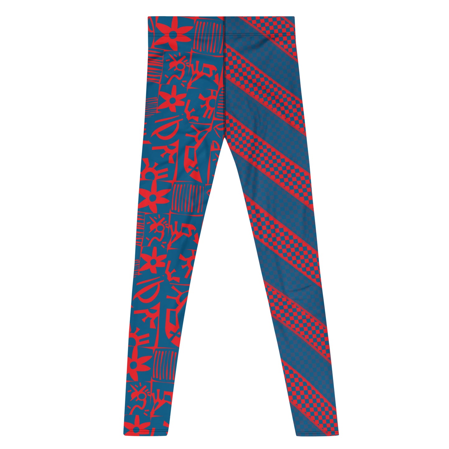 Navy and red geometric design leggings for men in retro 80s style. Pro wrestling tights for guys in fun stripy design. Rave gear and fashion meggings for guys.