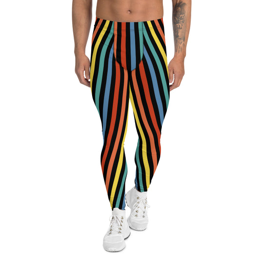 Festival Mens Leggings, Stripy Wrestling Style Performance Tights, Fashion Meggs, Rainbowcore Striped Meggings, Rave Gear Clubbing Outfit, pro wrestling tights, climbing, stripy rainbow LGBT Pride outfit idea by BillingtonPix