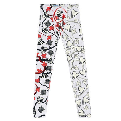 Rockstar style men's leggings in black and silvery white design, full of broken hearts, black roses and red vine leaves. Beautiful swirling vines and rose thorns entangle this heartbreak scene