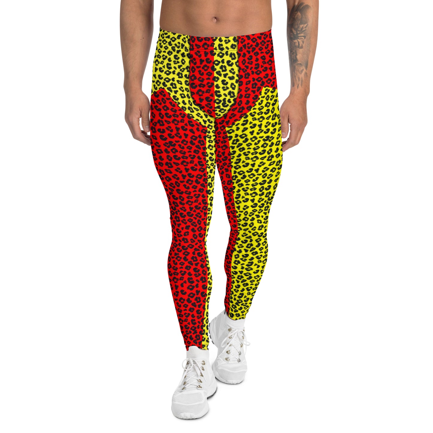 Wrestling Tights Red Leopard Skin, Mens Leggings, Performance Pants, Yoga Leggings Gym, Mens Rave Outfit, Mens Festival Meggings. Red leggings for men with yellow and black all-over design. Dancewear for guys with split color design in vibrant tones.