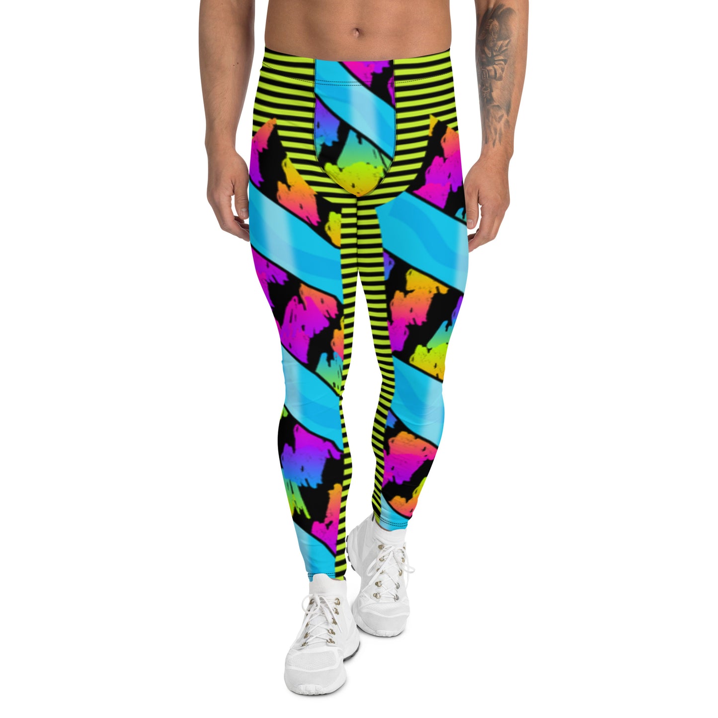 Pro wrestling long tights in a retro 80s rainbow design. In the style of WWE wrestling tights. Rainbow colored cosplay meggings with striped yellow. Halloween party outfit for wrestling fans and followers. Ankle length, mid rise and footless mens patterned leggings.