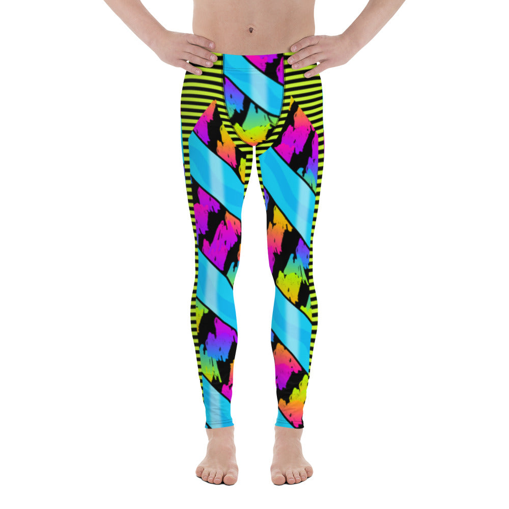 Pro wrestling long tights in a retro 80s rainbow design. In the style of WWE wrestling tights. Rainbow colored cosplay meggings with striped yellow. Halloween party outfit for wrestling fans and followers.