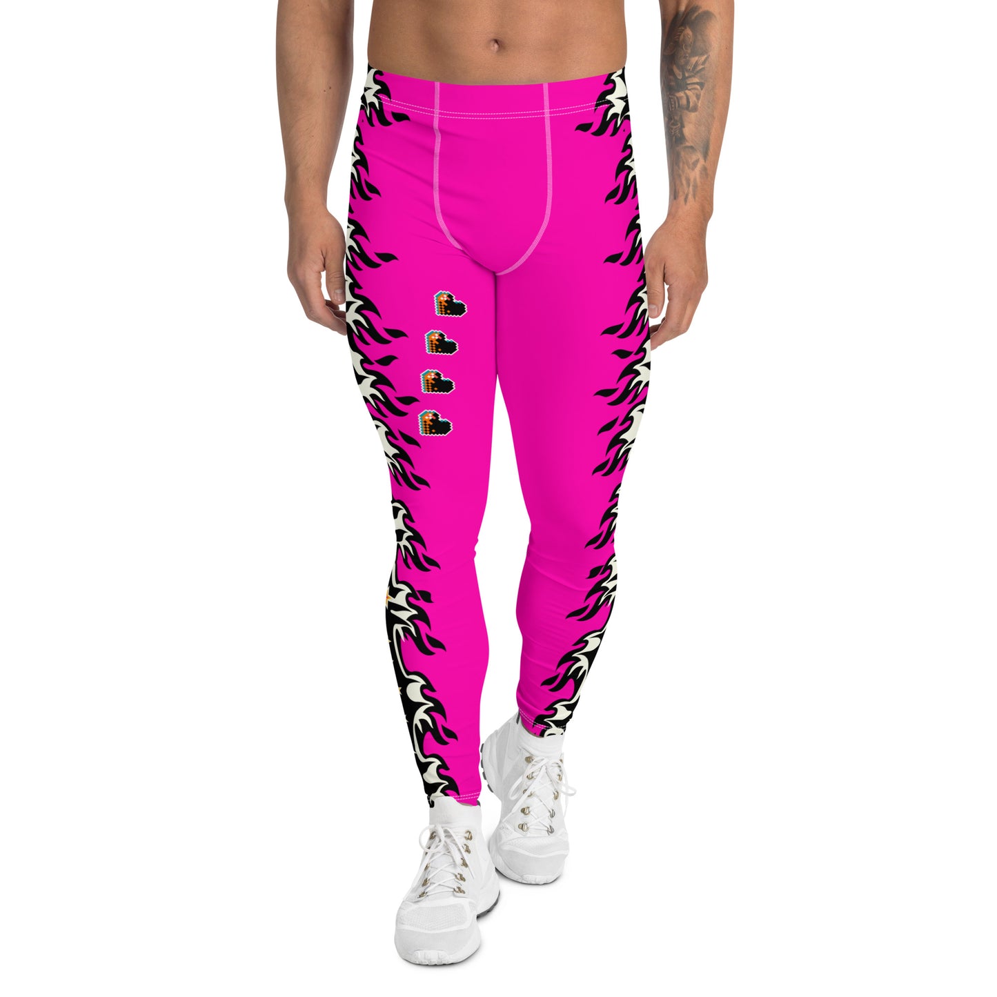 pink pro wrestling tights for men in pink and black with fire down each side. Fun fashion meggings for guys who enjoy WWE cosplay. or festival gear like Burning Man.