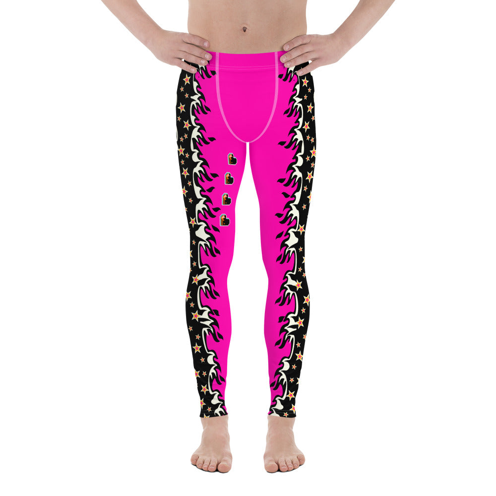 pink pro wrestling tights for men in pink and black with fire down each side. Fun fashion meggings for guys who enjoy WWE cosplay. or festival gear like Burning Man.