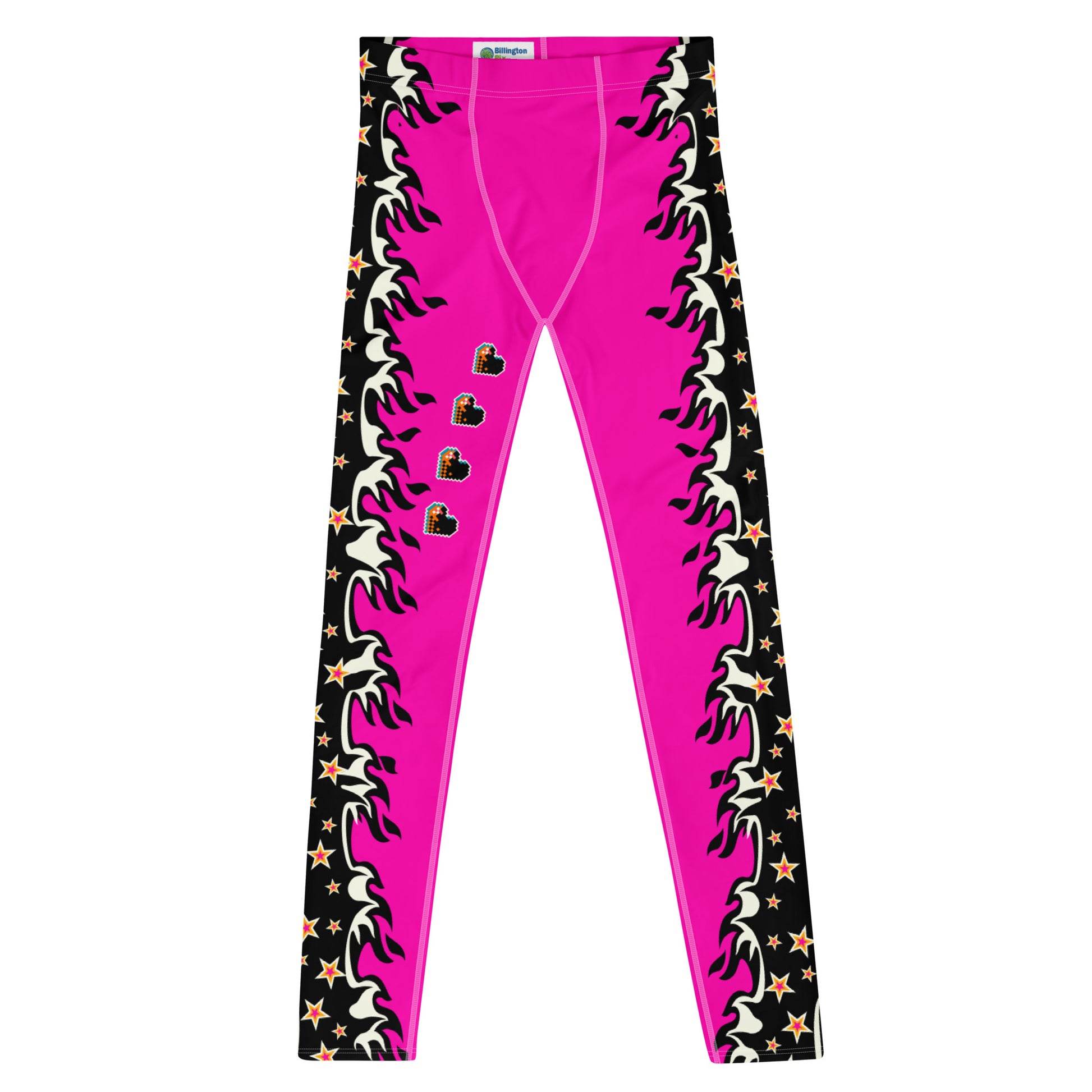 pink pro wrestling tights for men in pink and black with fire down each side. Fun fashion meggings for guys who enjoy WWE cosplay. or festival gear like Burning Man.