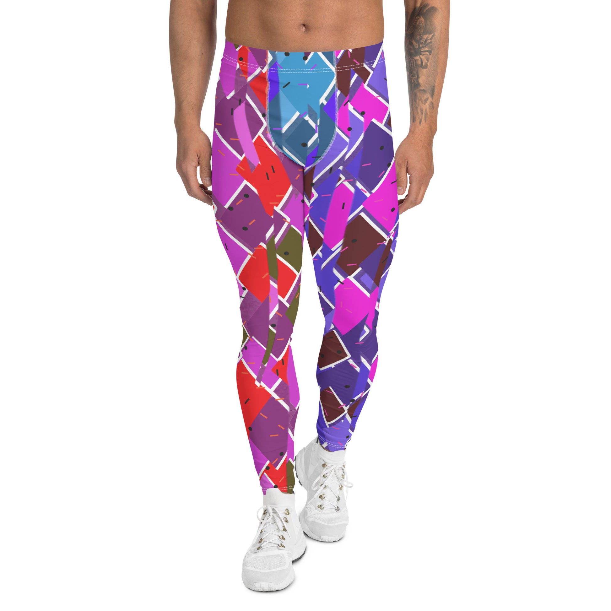 Mens Leggings Retro Harlequin Pro Wrestling Tights, glitchcore Fractal Geometric Patterned Festival Meggings, Dance Pants, Rave Gear, Clubbing Outfit. Purple, red, blue, white fractal kitsch meggings guys in diamond shapes. Retro pro wrestling gear