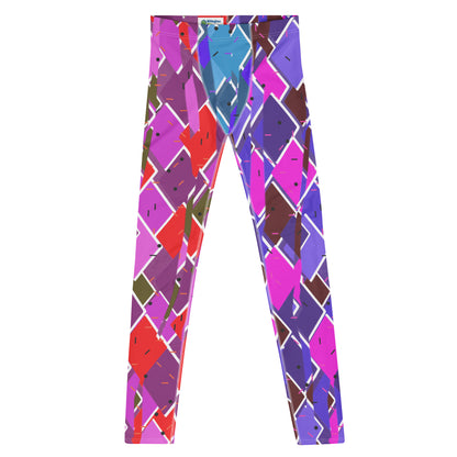 Mens Leggings Retro Harlequin Pro Wrestling Tights, glitchcore Fractal Geometric Patterned Festival Meggings, Dance Pants, Rave Gear, Clubbing Outfit. Purple, red, blue, white fractal kitsch meggings guys in diamond shapes. Retro pro wrestling gear