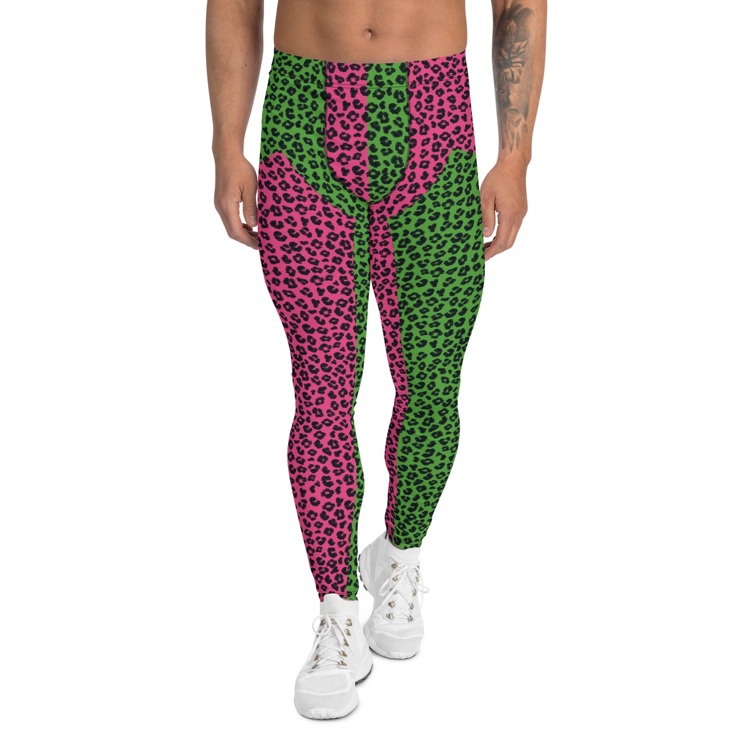 Wrestling Tights Green Leopard Skin, Mens Leggings, Performance Pants, Yoga Leggings Gym, Mens Rave Outfit, Mens Festival Meggings. Pink and green pro wrestling tights  for guys in spandex. Kitsch alt fashion, weirdcore jfashion retro 80s style pants