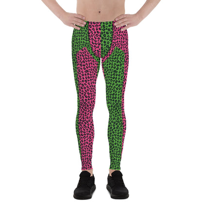 Wrestling Tights Green Leopard Skin, Mens Leggings, Performance Pants, Yoga Leggings Gym, Mens Rave Outfit, Mens Festival Meggings. Pink and green pro wrestling tights  for guys in spandex. Kitsch alt fashion, weirdcore jfashion retro 80s style pants