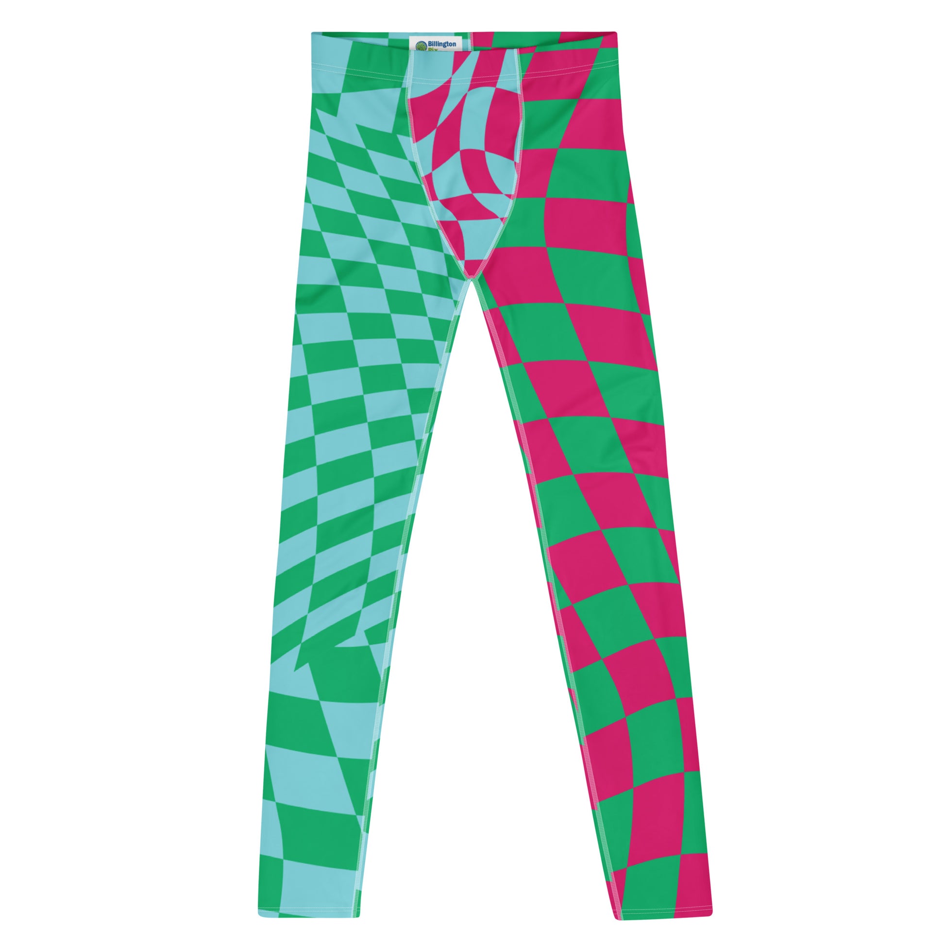 Mens Leggings Glitchcore Harlequin, Pro Wrestling Tights, Guys Running Tights, Dancewear, Festival Pants, Fashion Meggings, Gym Gear. Pink, blue and green fashion meggs for gym, pilates, yoga and festivals.