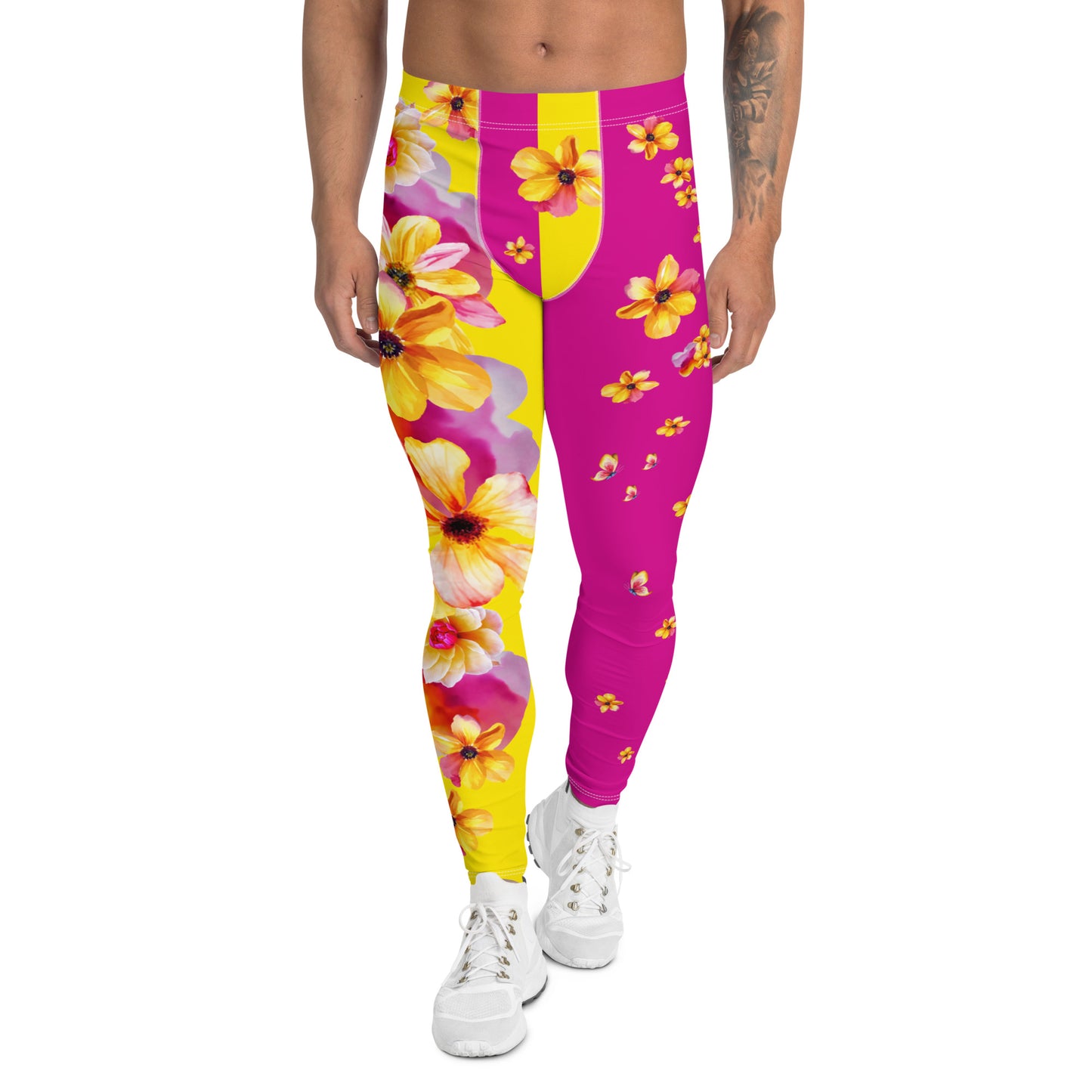 Mens Leggings Floral, Yellow and Pink Flower Print Leggings, Pro Wrestling Tights, Funky Fashion Leggings, Yoga Pants, Gym Outfit, Rave Gear