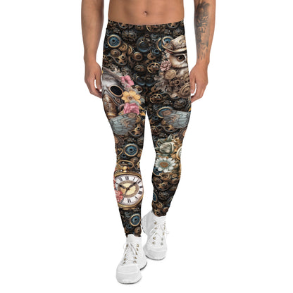 Mens Leggings Steampunk Horology Pants, Fashion Meggings, BJJ Grappling Spats, Pro Wrestling Tights, Rave Gear, Clubbing Outfit, Running tights for watch geeks and perpetual calendar fans. Jules Verne vibes. Clockwork all-over pattern guys leggings.